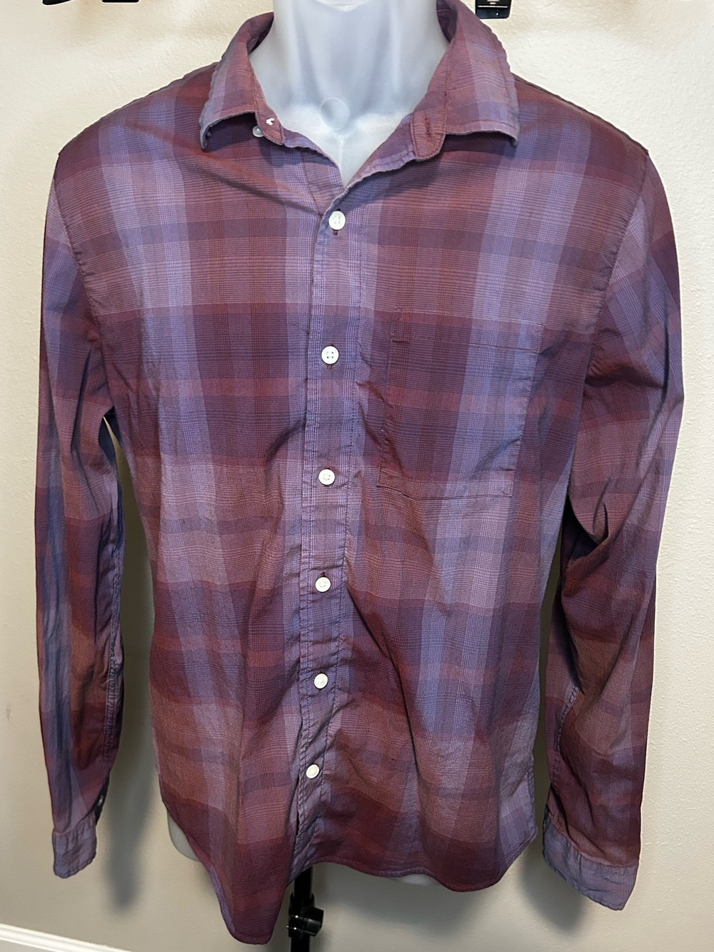 Rhône Men's Long-Sleeve Plaid Button-Up Shirt in Burgundy and Lavender medium